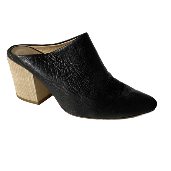 The Shoe Box Black Slip On Leather Almond Toe Mule Block 3" Heel Pump 38 - Picture 1 of 9